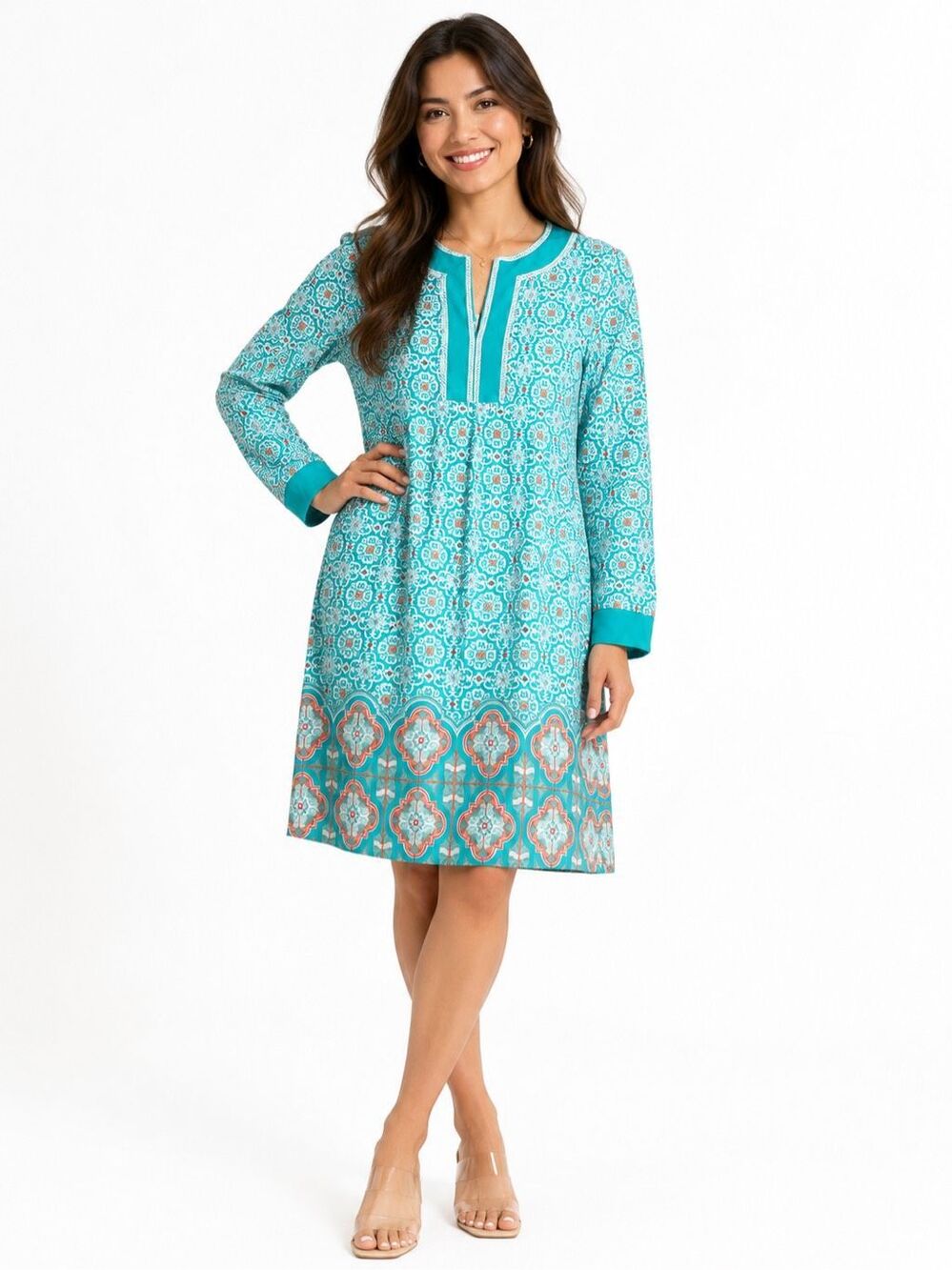 Cabana Life x Talbots Turquoise Medallion UPF 50 Tunic Dress Size Small